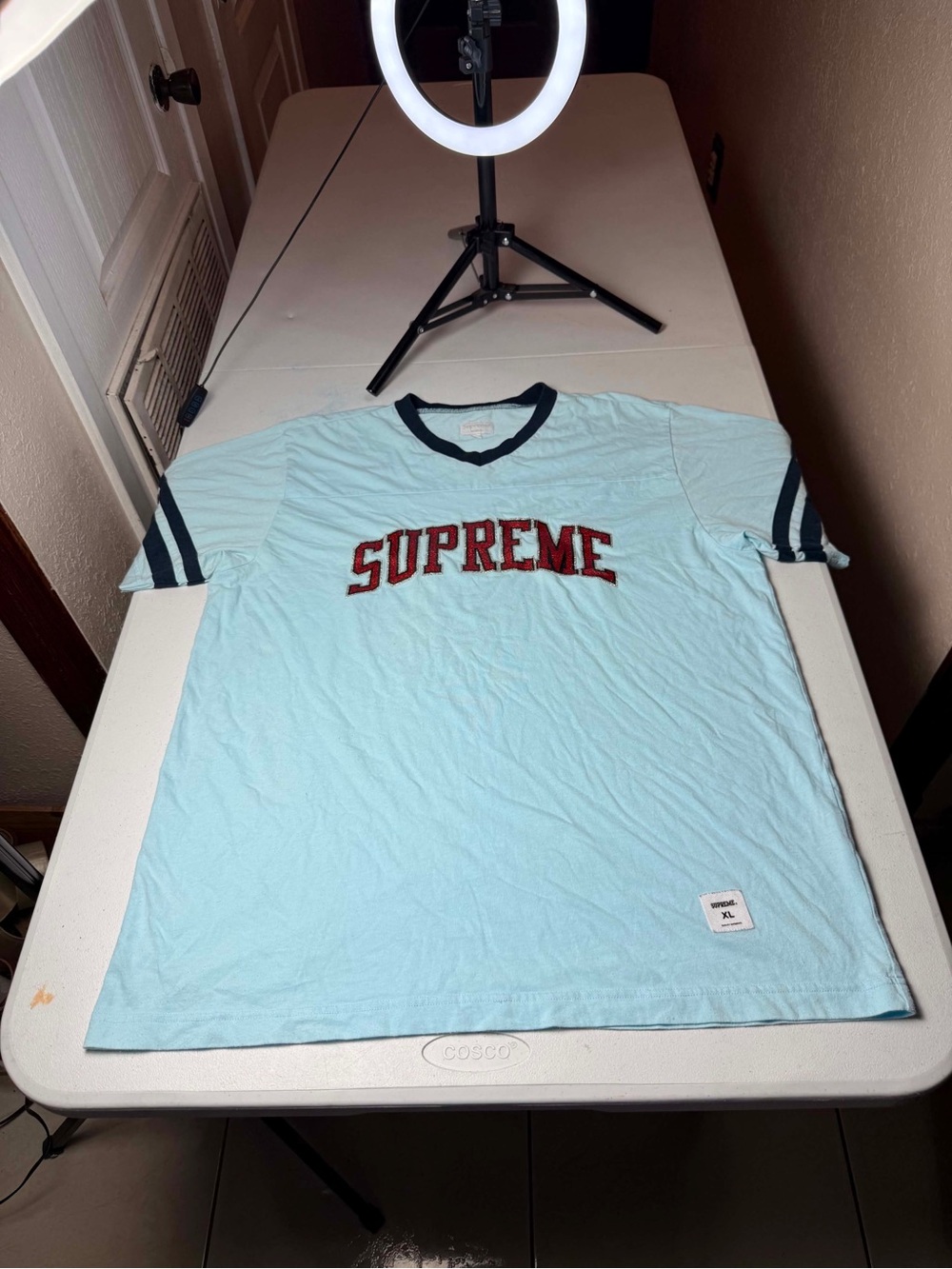 Rare New Supreme Glitter Football Jersey Light Blue and red size XL